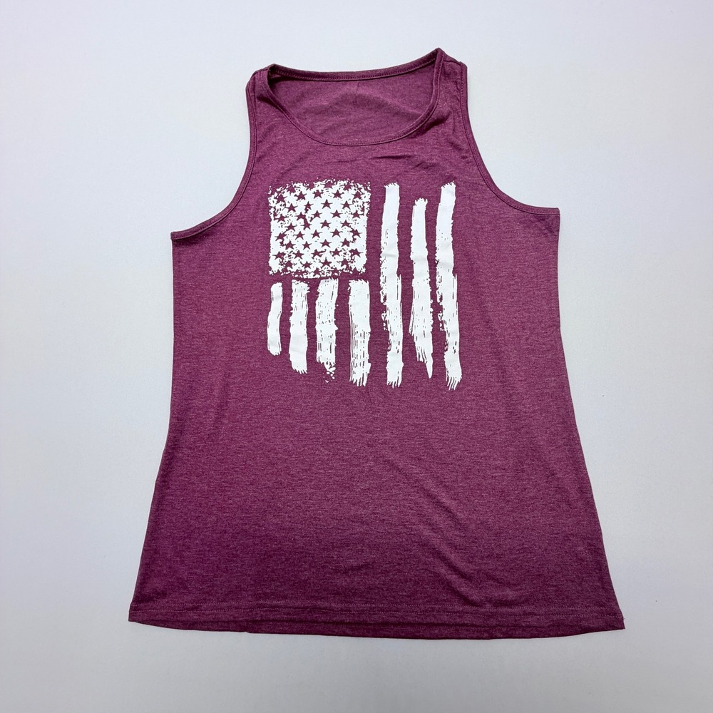 Womens Burgundy American Flag Graphi Tank Top Size M Distressed Patriotic Summer